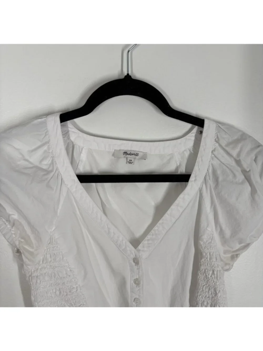 Madewell Women 00 White Cotton Puff Sleeve Smocked Yeri Poplin Button-Up Top